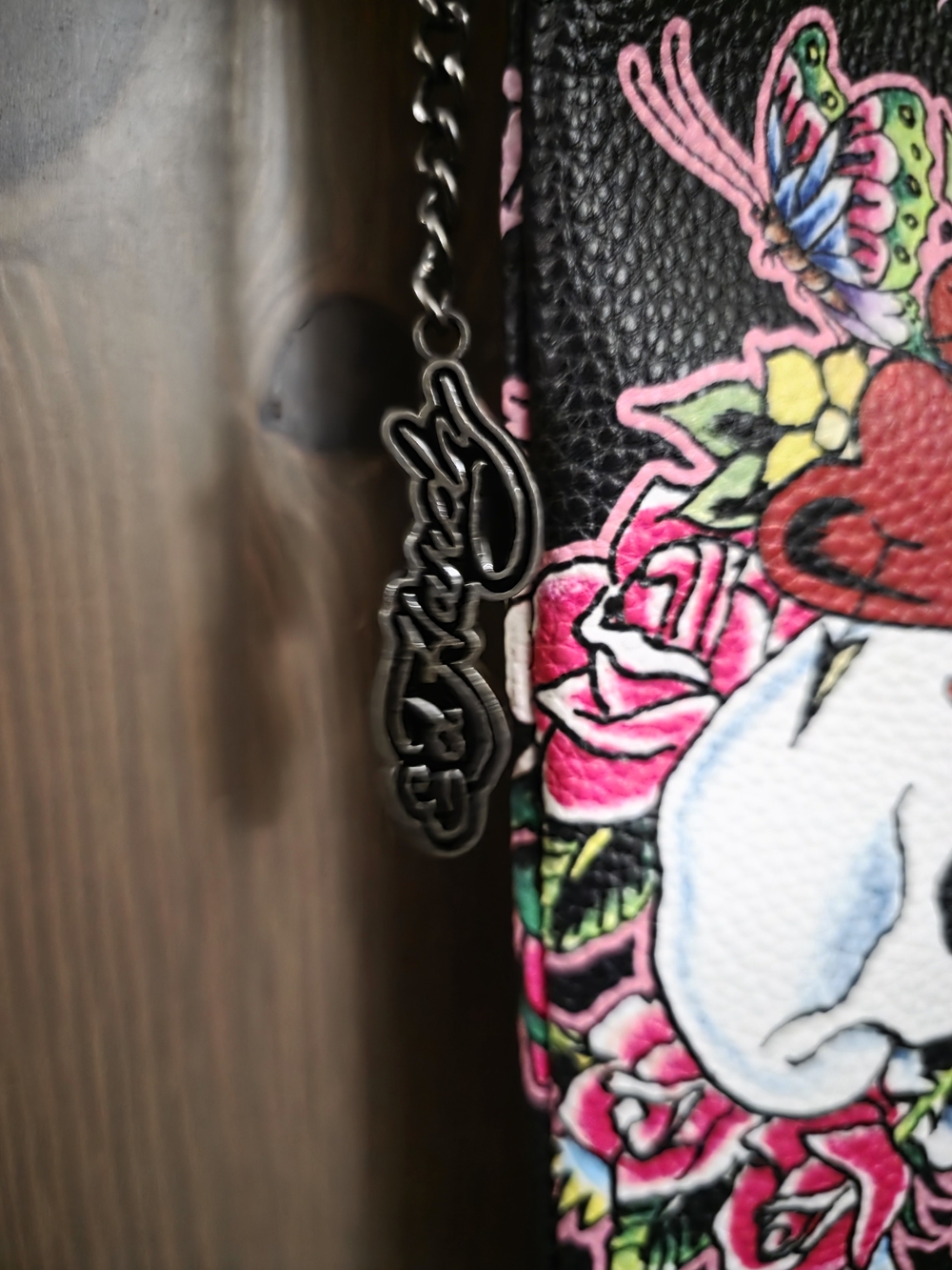 Ed Hardy Black Crossbody with Pink Rose and Multicolor Tattoo Art